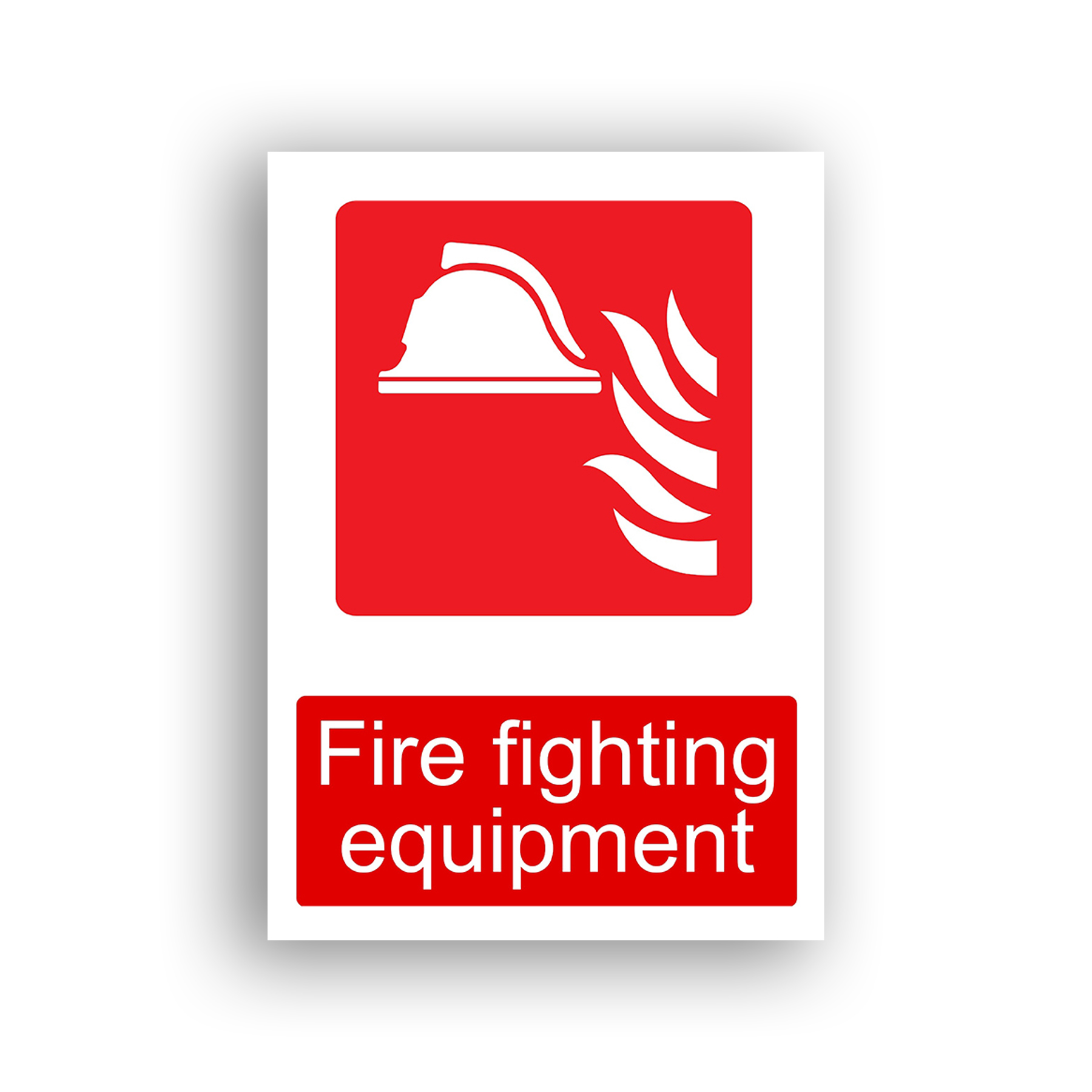 Fire Fighting Equipment fire equipment sign safety sign with a white firefighter's helmet with flame or smoke waves to the right, on a red square background.