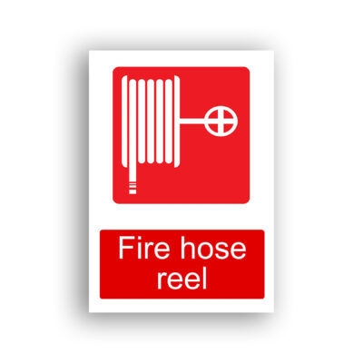 Fire Hose Reel fire equipment sign safety sign with a white pictogram of a coiled fire hose mounted on a wall-bracket reel with a circular valve wheel, shown on a red background.