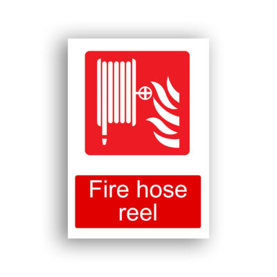 Fire Hose Reel fire equipment sign safety sign with a white pictogram of a coiled fire hose on a wall-mounted reel with a nozzle, alongside a stylised flame motif, on a red background.