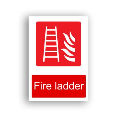Fire Ladder fire equipment sign safety sign with a white pictogram of a upright ladder positioned to the left of a stylised flame symbol, all on a red background.