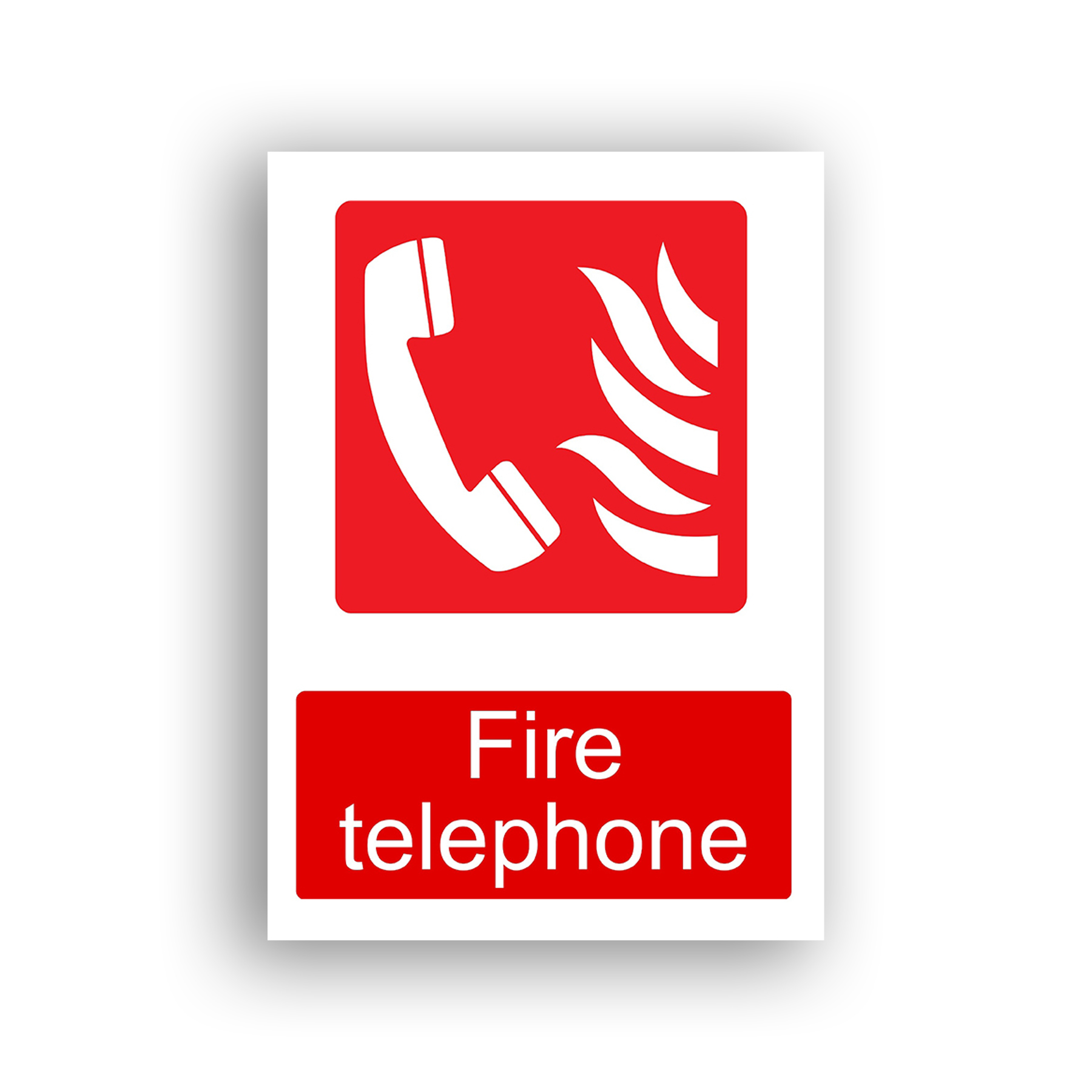 Fire Telephone fire equipment sign safety sign with white telephone handset alongside curved radiating sound-wave lines, set on a red square background.