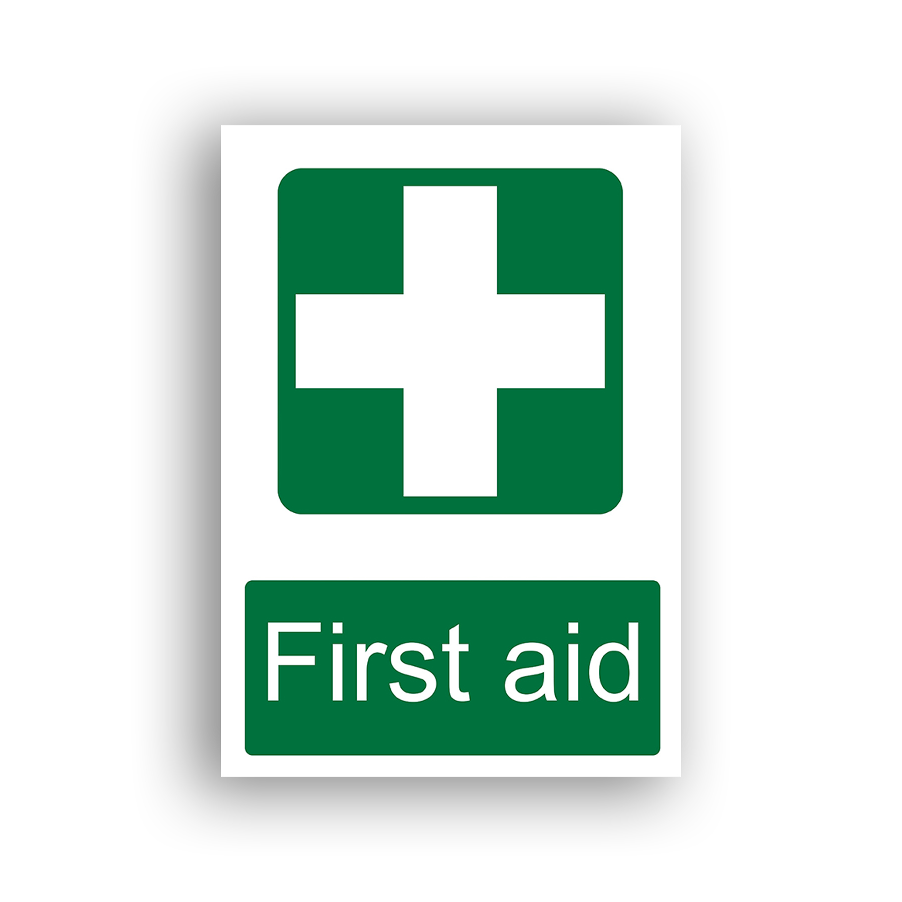 First Aid safe condition sign safety sign with a white cross centred on a green rounded square, the internationally recognised symbol for first aid.