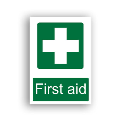 First Aid safe condition sign safety sign with a white cross centred on a green rounded square.