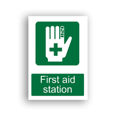 First Aid Station safe condition sign safety sign with a white hand with a green medical cross on the palm and a bandaged index finger, set on a green background.