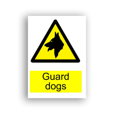 Guard Dogs warning sign safety sign with black silhouette of an alert dog's head in profile, set within a yellow warning triangle with black border.