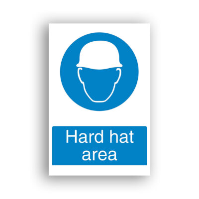 Hard Hat Area mandatory sign safety sign with white silhouette of a person wearing a safety helmet, centred on a solid blue circle.