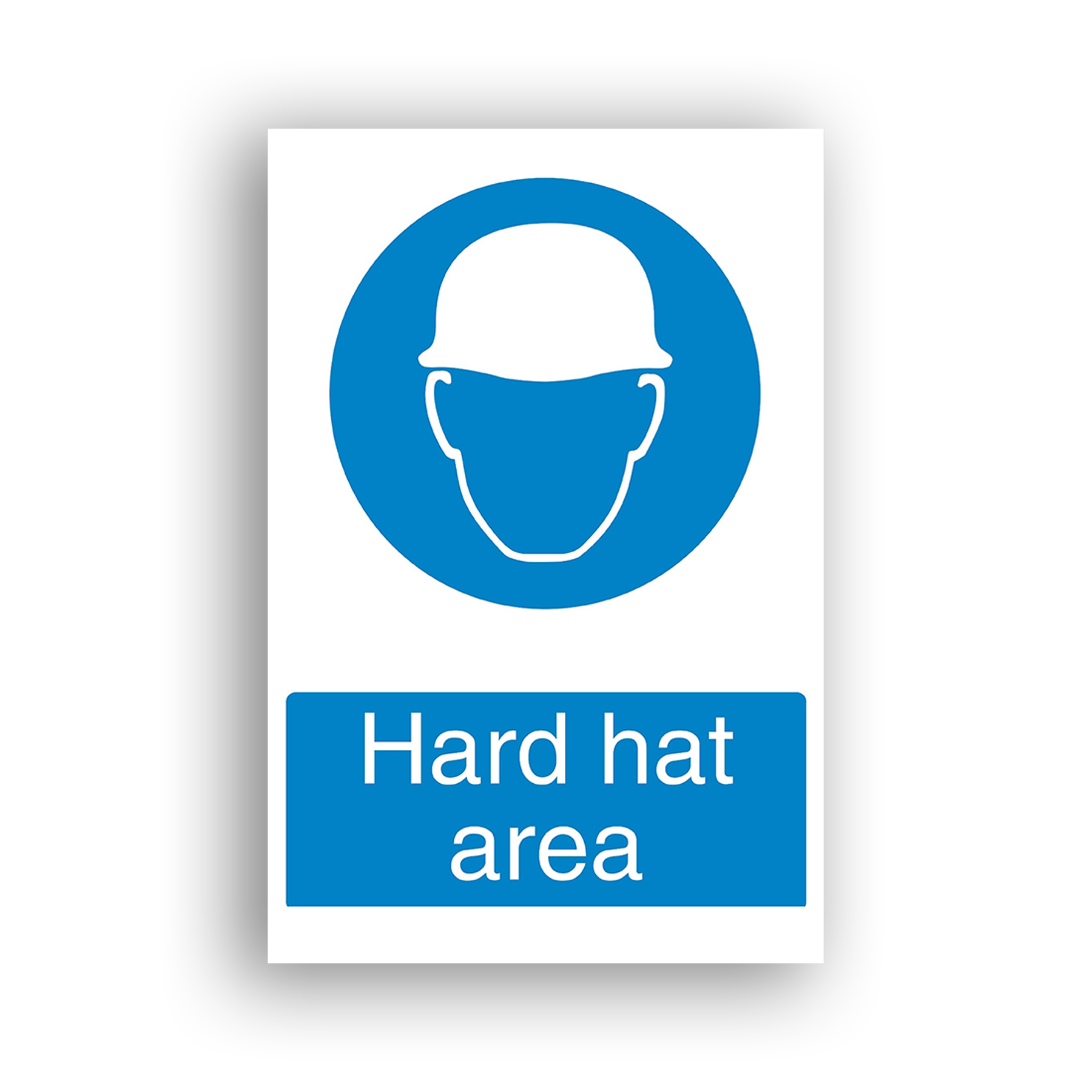 Hard Hat Area mandatory sign safety sign with white silhouette of a person wearing a safety helmet, centred on a solid blue circle.