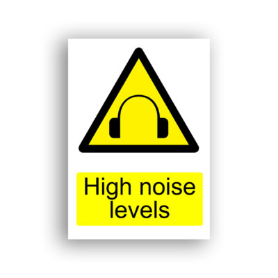 High Noise Levels warning sign safety sign with black silhouette of ear defenders (hearing protection muffs) centred within a yellow equilateral warning triangle with black border.