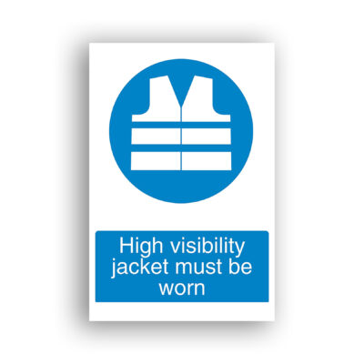 High Visibility Jacket Must Be Worn mandatory sign safety sign with white pictogram of a high-visibility vest with reflective strips, centred on a solid blue circle.