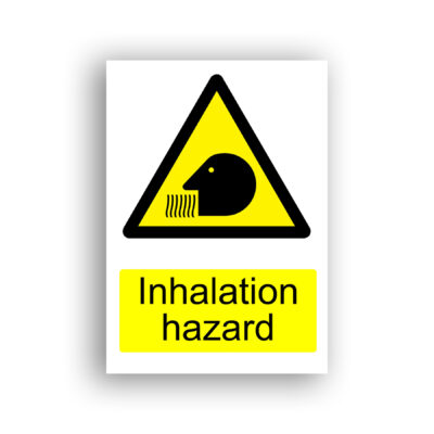 Inhalation Hazard warning sign safety sign with a black silhouette of a human head in profile with wavy lines at the mouth, indicating the inhalation of harmful fumes or particles, set within a yellow warning triangle.