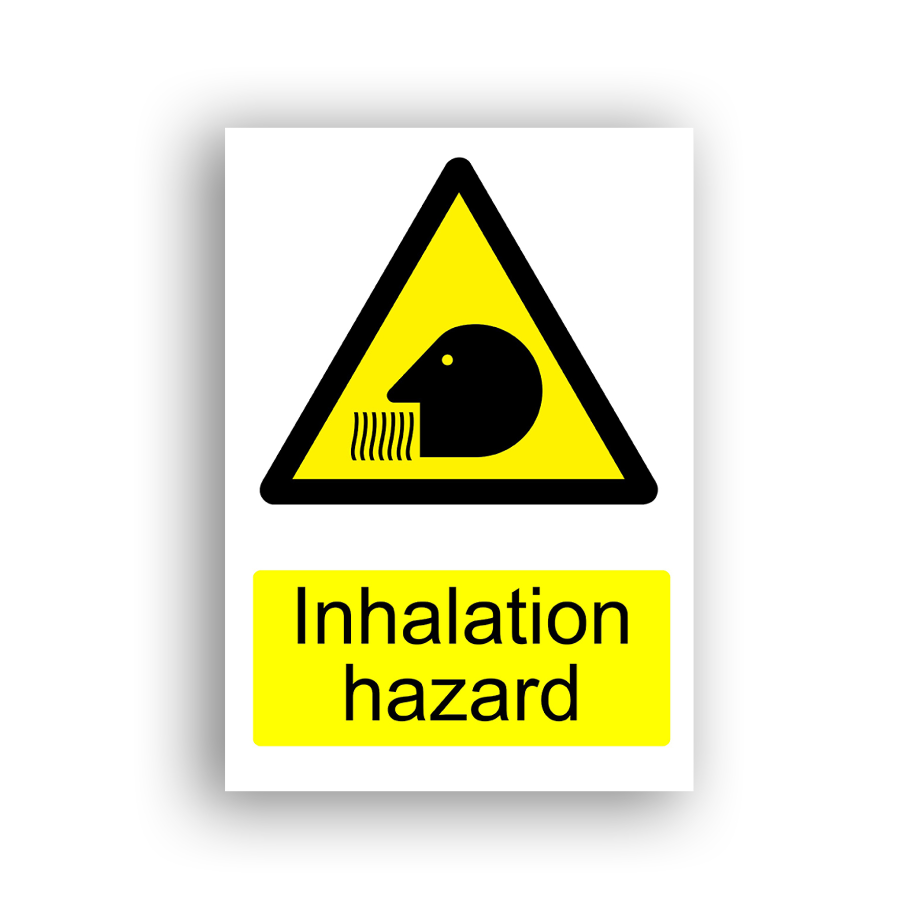 Inhalation Hazard warning sign safety sign with a black silhouette of a human head in profile with wavy lines at the mouth, indicating the inhalation of harmful fumes or particles, set within a yellow warning triangle.