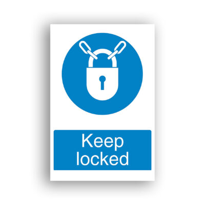 Keep Locked mandatory sign safety sign with a white padlock secured with a chain, centred on a blue circle, indicating a mandatory locking requirement.