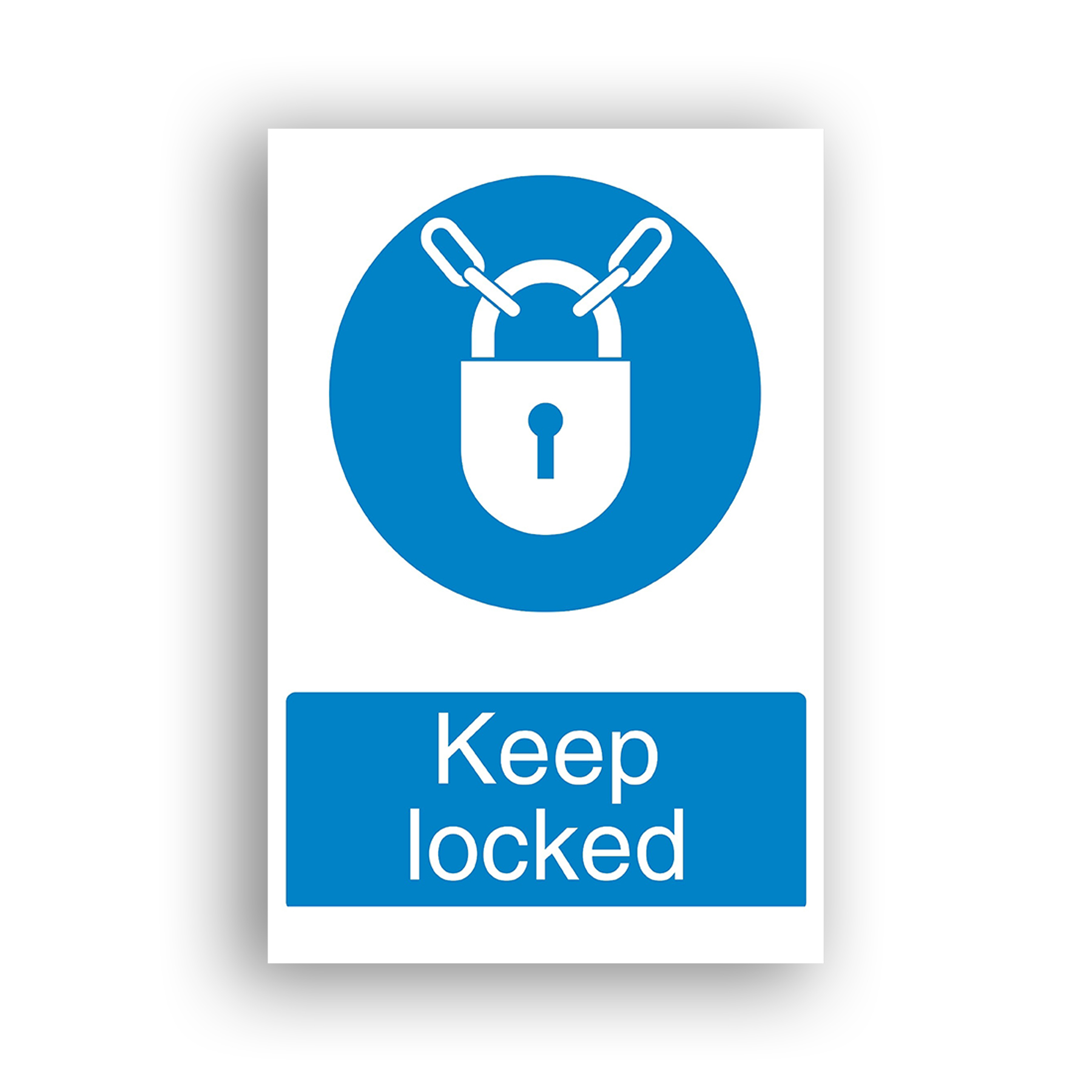 Keep Locked mandatory sign safety sign with a white padlock secured with a chain, centred on a blue circle, indicating a mandatory locking requirement.
