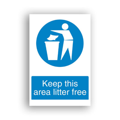 Keep This Area Litter Free mandatory sign safety sign with white pictogram of a person depositing waste paper into a bin, set within a solid blue circle.