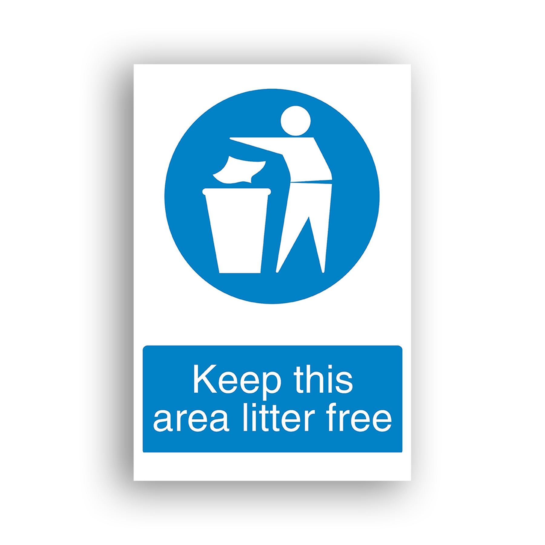 Keep This Area Litter Free mandatory sign safety sign with white pictogram of a person depositing waste paper into a bin, set within a solid blue circle.