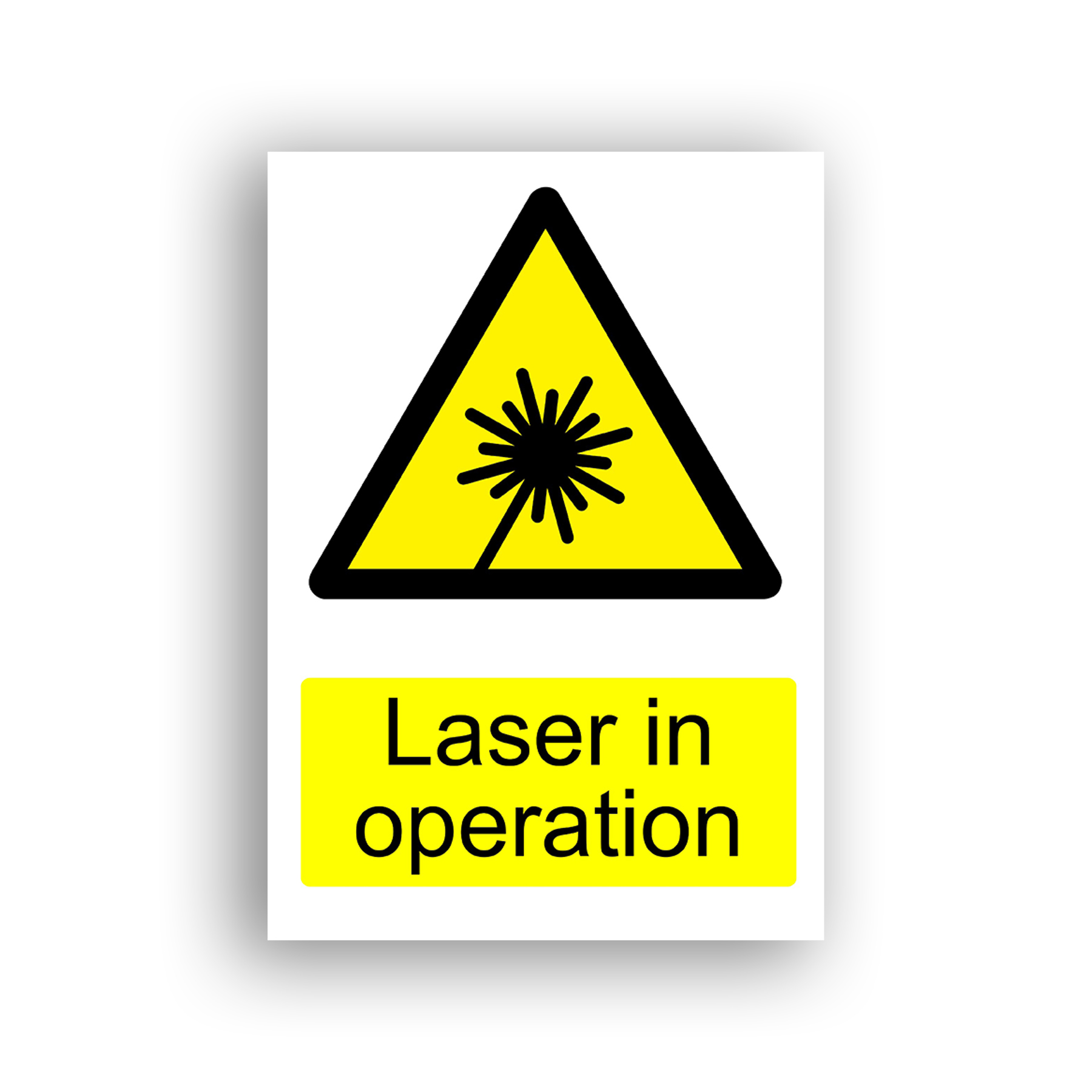 Laser in Operation warning sign safety sign with a black starburst radiating multiple lines from a central point, with a single diagonal beam extending downward-left, representing a laser beam emission.