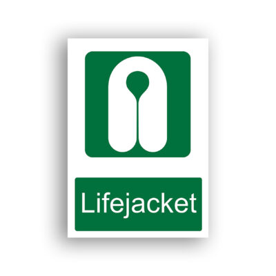 Lifejacket safe condition sign safety sign with a white inflatable horseshoe-style lifejacket with a central neck opening, depicted front-on against a green background.