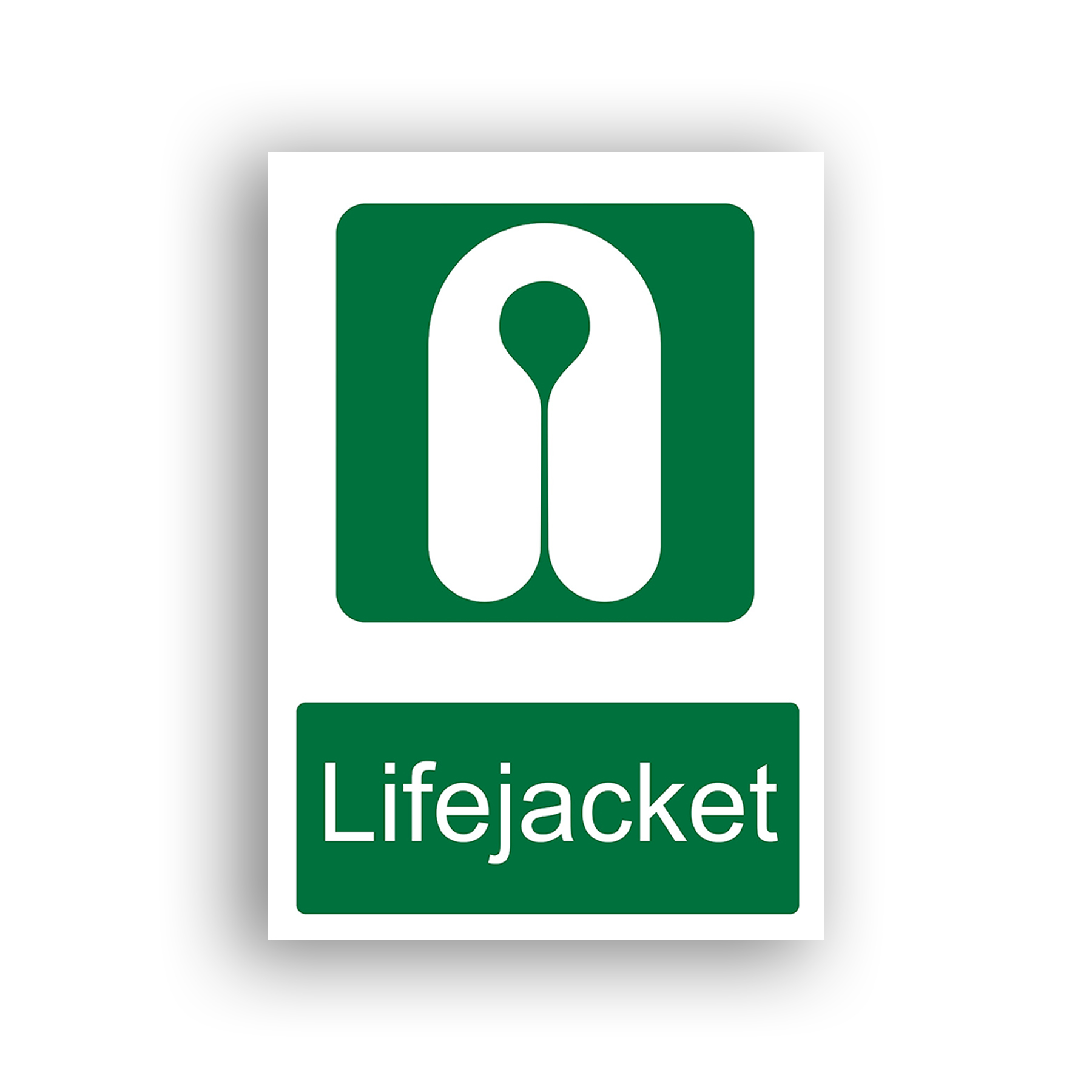 Lifejacket safe condition sign safety sign with a white inflatable horseshoe-style lifejacket with a central neck opening, depicted front-on against a green background.