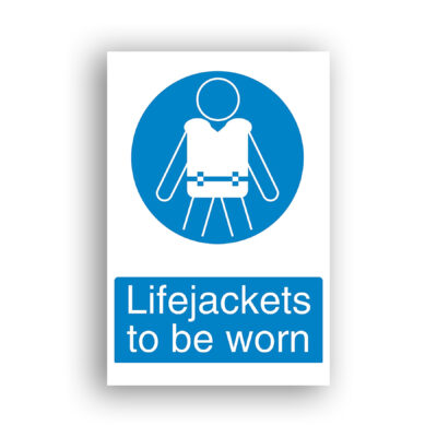 Lifejackets to Be Worn mandatory sign safety sign with white pictogram of a figure wearing a fastened lifejacket with straps, set within a solid blue mandatory circle.