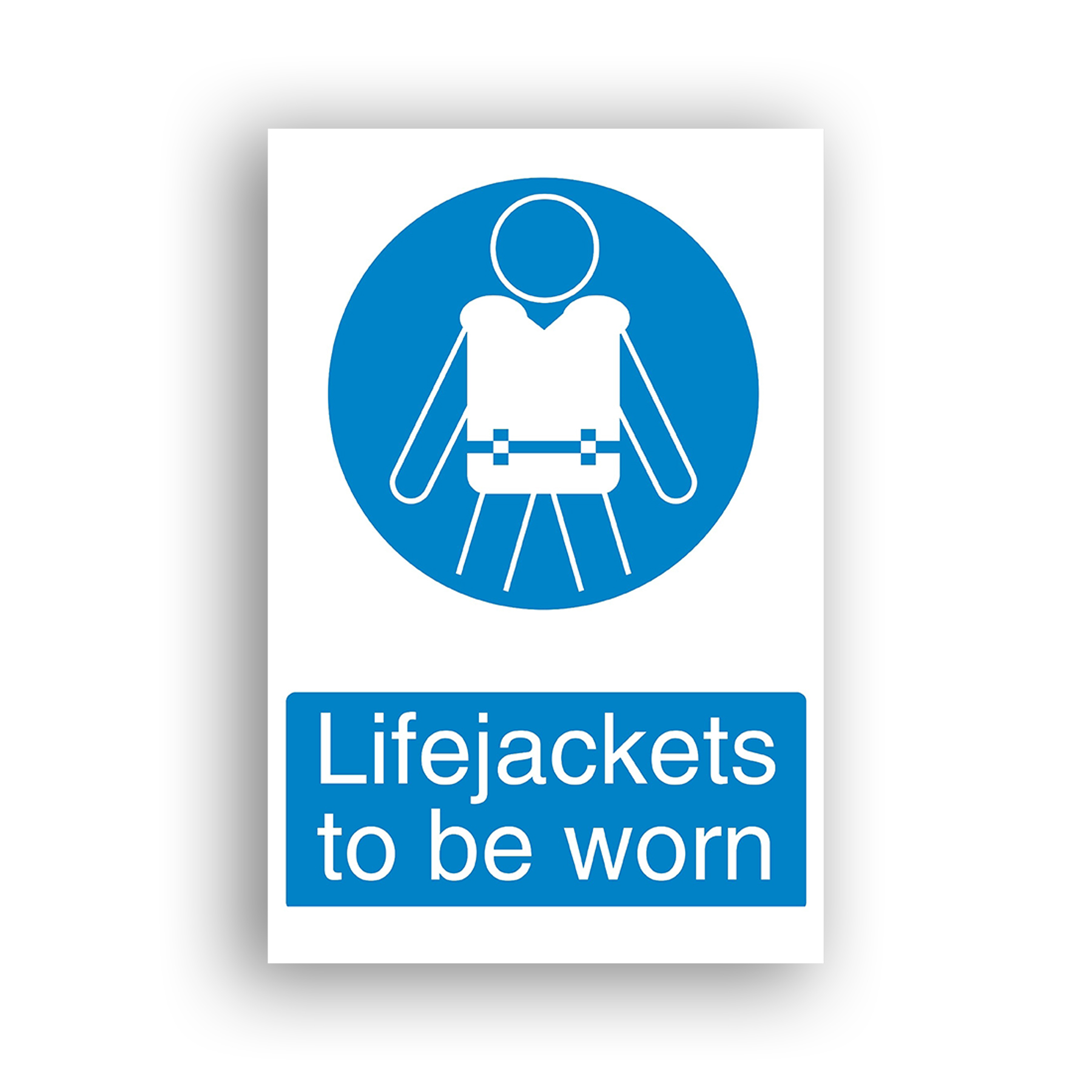 Lifejackets to Be Worn mandatory sign safety sign with white pictogram of a figure wearing a fastened lifejacket with straps, set within a solid blue mandatory circle.