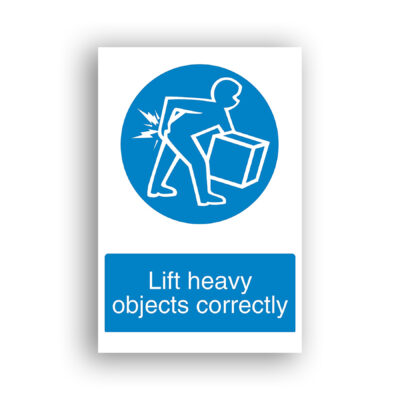 Lift Heavy Objects Correctly mandatory sign safety sign with white outline of a person bending at the waist with a straight back to lift a box, with lightning-bolt symbols at the lower back indicating strain or injury risk.