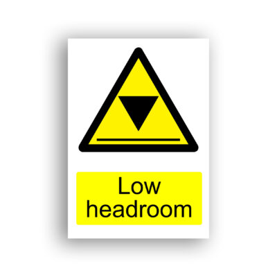 Low Headroom warning sign safety sign with a downward-pointing solid black triangle above a horizontal bar, enclosed within a yellow warning triangle with black border, indicating an overhead obstruction.