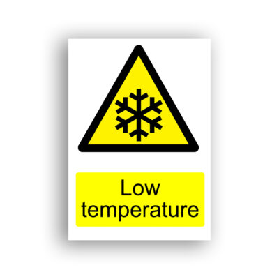 Low Temperature warning sign safety sign with a black snowflake pictogram centred within a yellow warning triangle with black border.