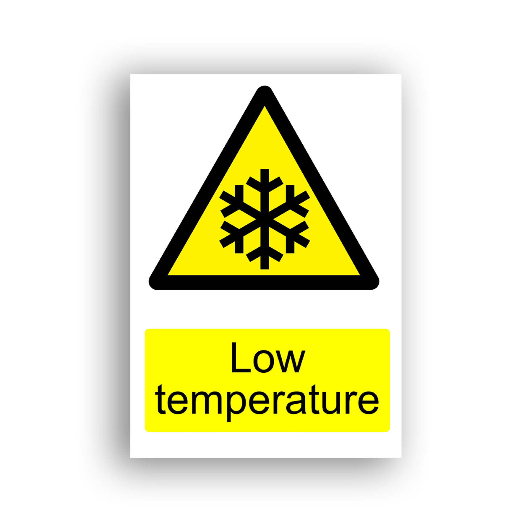 Low Temperature warning sign safety sign with a black snowflake pictogram centred within a yellow warning triangle with black border.