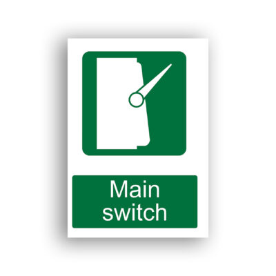 Main Switch safe condition sign safety sign with a white isolator switch lever in the open (off) position with a pivot circle, set against a green rounded square background.