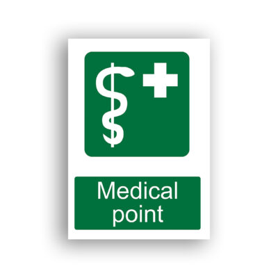 Medical Point safe condition sign safety sign with rod of Asclepius (staff entwined by a single serpent) alongside a white first-aid cross, on a green background.