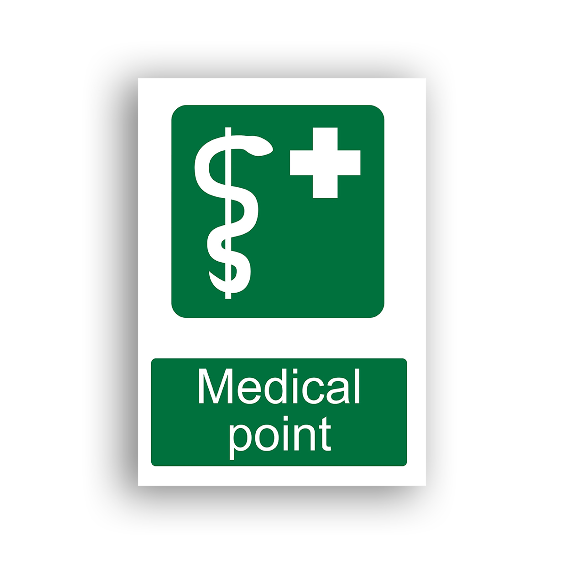 Medical Point safe condition sign safety sign with rod of Asclepius (staff entwined by a single serpent) alongside a white first-aid cross, on a green background.