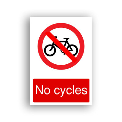 No Cycles prohibition sign safety sign with a black bicycle silhouette inside a red prohibition circle with a diagonal red bar across it.