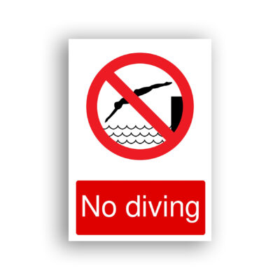 No Diving prohibition sign safety sign with black silhouette of a person diving head-first into water from a platform, enclosed within a red prohibition circle with a diagonal bar across it.
