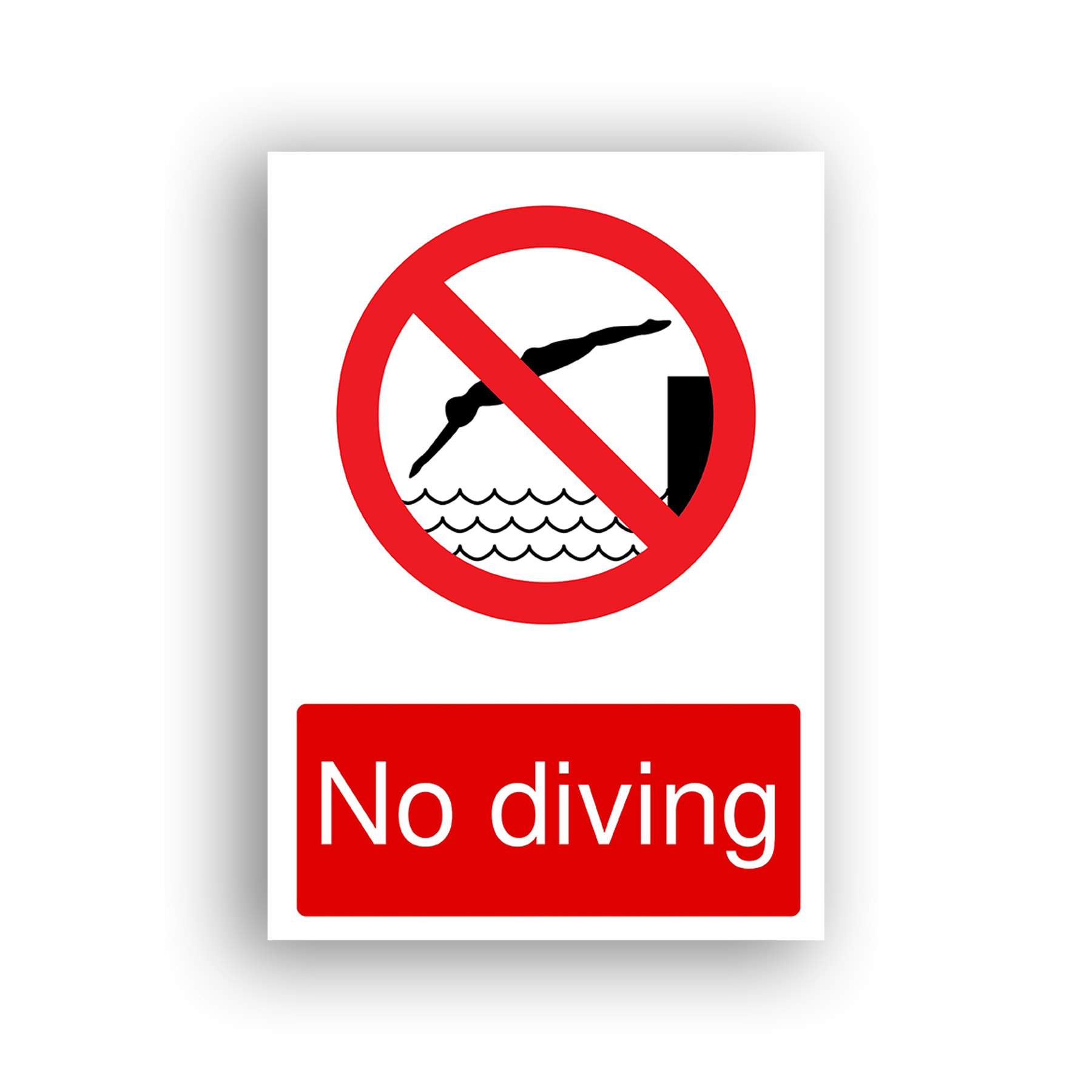 No Diving prohibition sign safety sign with black silhouette of a person diving head-first into water from a platform, enclosed within a red prohibition circle with a diagonal bar across it.