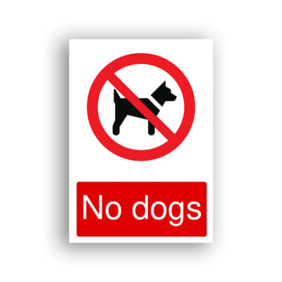 No Dogs prohibition sign safety sign with black silhouette of a dog inside a red prohibition circle with a diagonal red bar across it.
