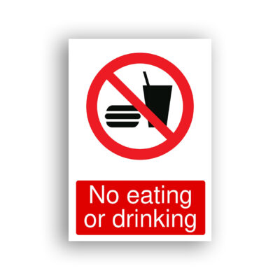 No Eating or Drinking prohibition sign safety sign with black silhouette of a burger and a lidded drink cup with straw inside a red prohibition circle with a diagonal bar.