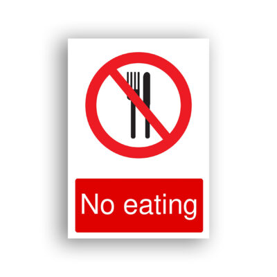 No Eating prohibition sign safety sign with a fork and knife silhouette enclosed within a red prohibition circle with a diagonal bar crossing from upper left to lower right.