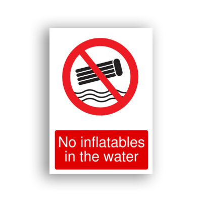 No Inflatables in the Water prohibition sign safety sign with a lilo-style inflatable mat shown over stylised water waves, enclosed in a red prohibition circle with a diagonal bar.