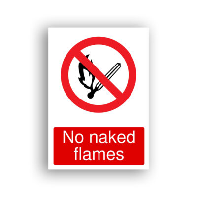 No Naked Flames prohibition sign safety sign with a lit match with flame inside a red prohibition circle crossed by a diagonal bar, accompanied by a cigarette symbol.