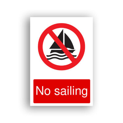 No Sailing prohibition sign safety sign with a black silhouette of a sailing boat on stylised waves, enclosed within a red prohibition circle with a diagonal red bar across it.
