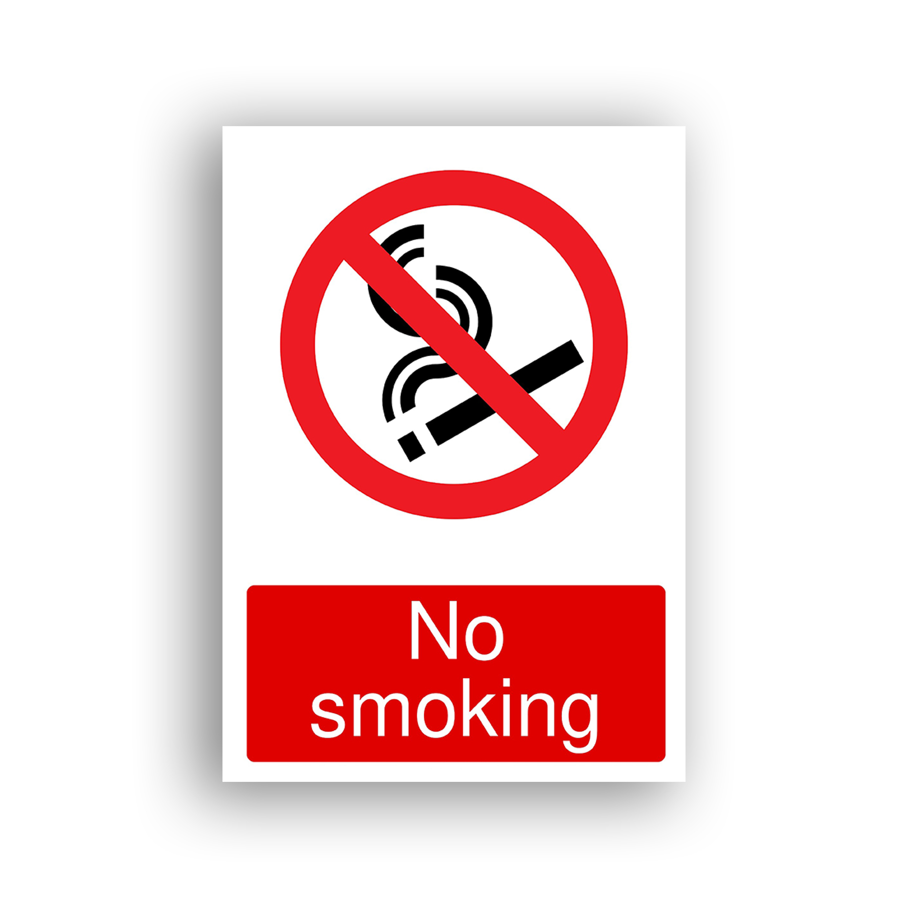 No Smoking prohibition sign safety sign with a lit cigarette with smoke rising, enclosed in a red prohibition circle with a diagonal red bar across it.