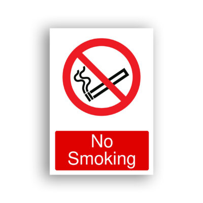 No Smoking prohibition sign safety sign with a lit cigarette with rising smoke, enclosed in a red prohibition circle with a diagonal red bar across it.
