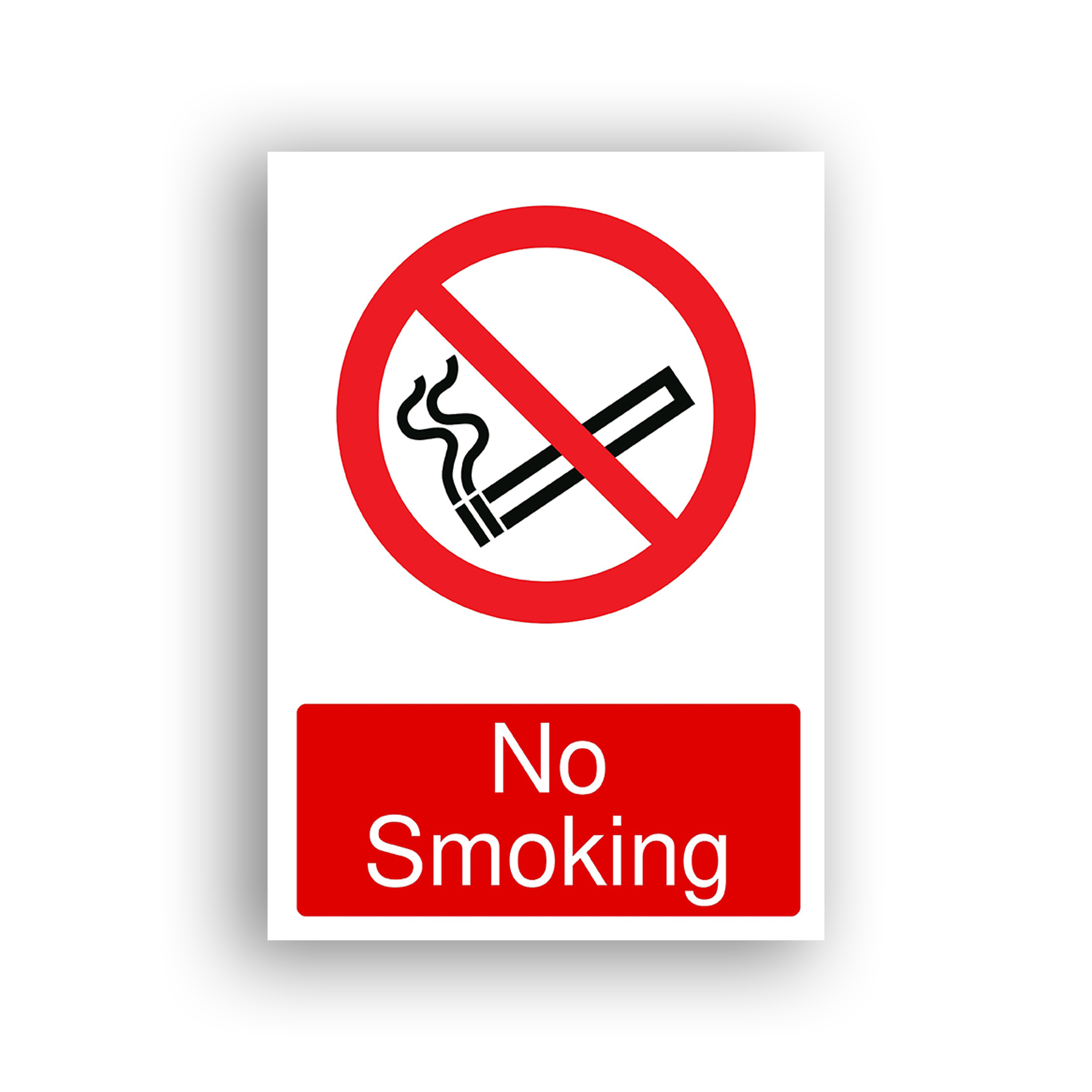 No Smoking prohibition sign safety sign with a lit cigarette with rising smoke, enclosed in a red prohibition circle with a diagonal red bar across it.