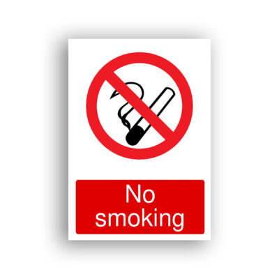 No Smoking prohibition sign safety sign with a lit cigarette with smoke rising, enclosed in a red prohibition circle with a diagonal red bar across it.