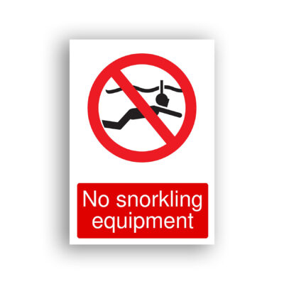 No Snorkelling Equipment prohibition sign safety sign with black pictogram of a snorkeller wearing a mask and snorkel, enclosed within a red prohibition circle with a diagonal red bar across it.