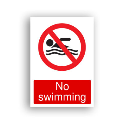 No Swimming prohibition sign safety sign with black pictogram of a person swimming over stylised waves, enclosed in a red prohibition circle with a diagonal red bar.