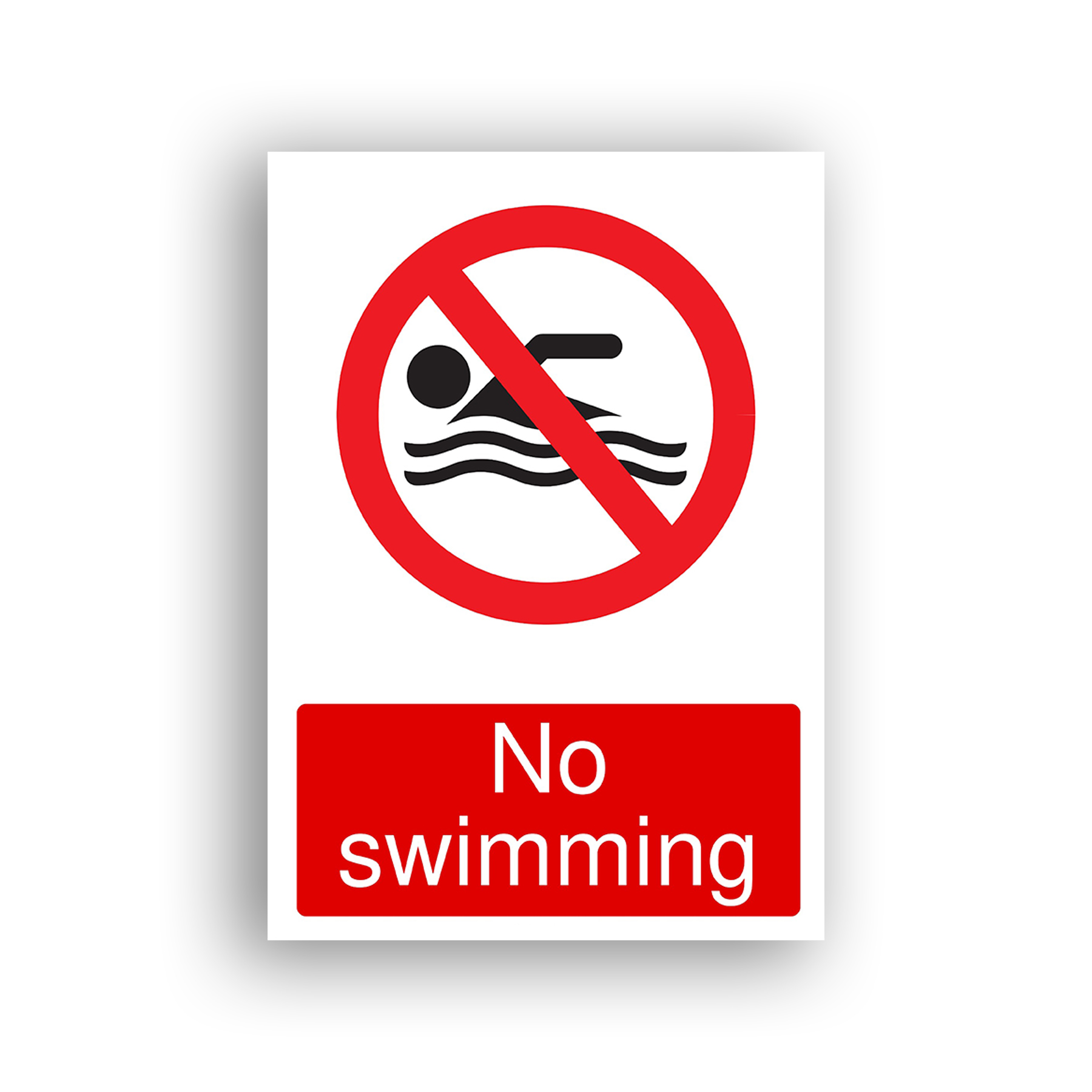 No Swimming prohibition sign safety sign with black pictogram of a person swimming over stylised waves, enclosed in a red prohibition circle with a diagonal red bar.
