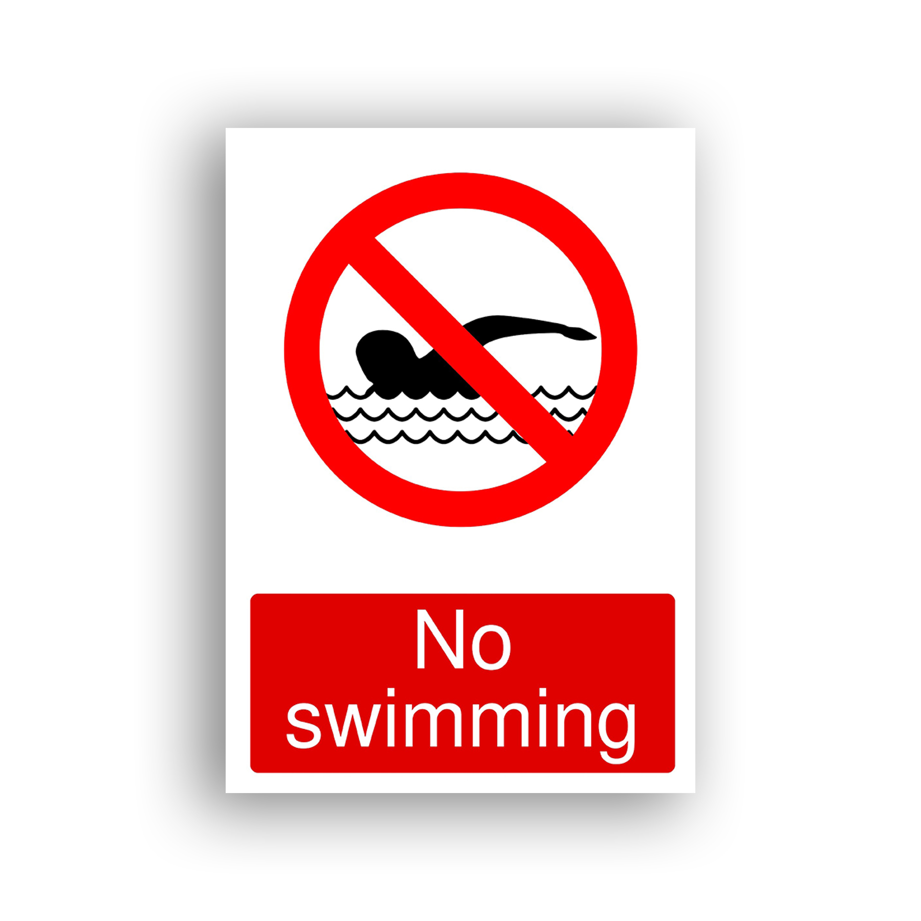 No Swimming prohibition sign safety sign with black silhouette of a person swimming at a water surface with wave lines, enclosed within a red prohibition circle and diagonal red bar.