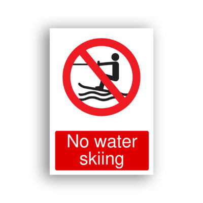 No Water Skiing prohibition sign safety sign with black pictogram of a person water skiing on waves, enclosed within a red prohibition circle with a diagonal red bar across it.