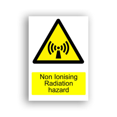 Non Ionising Radiation Hazard warning sign safety sign with a black transmission tower emitting curved radio waves on both sides, centred within a yellow triangular warning symbol with a black border.